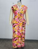 Plus Size Women Summer Elegant Print V Neck Maxi Dress