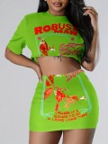 Women Print Short Sleeve T-Shirt Sexy Print Skirt Two-Piece Set