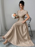Women Polka Dot Short Sleeve French Summer Maxi Dress