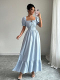 Women Summer Light Blue Square Neck Puff Sleeve Ruffle Holidays Beach Maxi Dress
