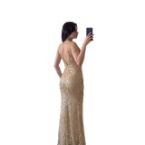 Women Spring Summer Sleeveless V Neck Shiny See-Through Maxi Dress