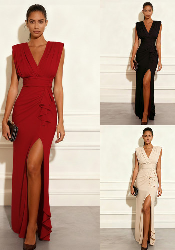 Women V Neck Sleeveless Slit Dress