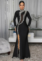 Women High Neck Long Sleeve Slit Beaded Maxi Dress
