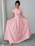 Women Polka Dot Short Sleeve French Summer Maxi Dress