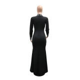 Women High Neck Long Sleeve Slit Beaded Maxi Dress