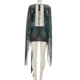 Women Print Mesh Long Sleeve Backless Tie V Neck Mini Bodycon Dress