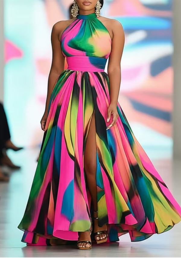 Women Sexy Summer Color Block Print Halter Neck Backless Maxi Dress
