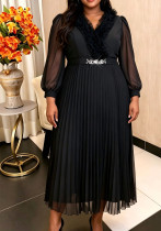 Plus Size Women African Black V Neck See-Through Chiffon Sleeve Waist Pleated Dress