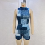 Women Summer Print Stand Collar Sleeveless Jumpsuit