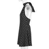 Women French Polka Dot Halter Neck Summer Backless Dress