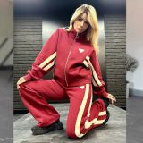 Women Spring Autumn Stand Collar Coat Top and Wide Leg Sweatpants Two Piece