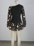 Women Summer Print Patchwork Slash Shoulder Irregular Dress