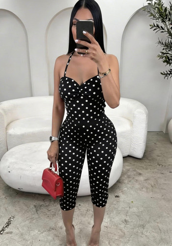 Women Sexy Polka Dot Print Halter Neck Stretchy Bodysuit