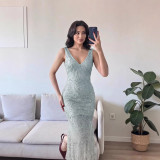Women Spring Summer Sleeveless V Neck Shiny See-Through Maxi Dress