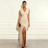 Women V Neck Sleeveless Slit Dress