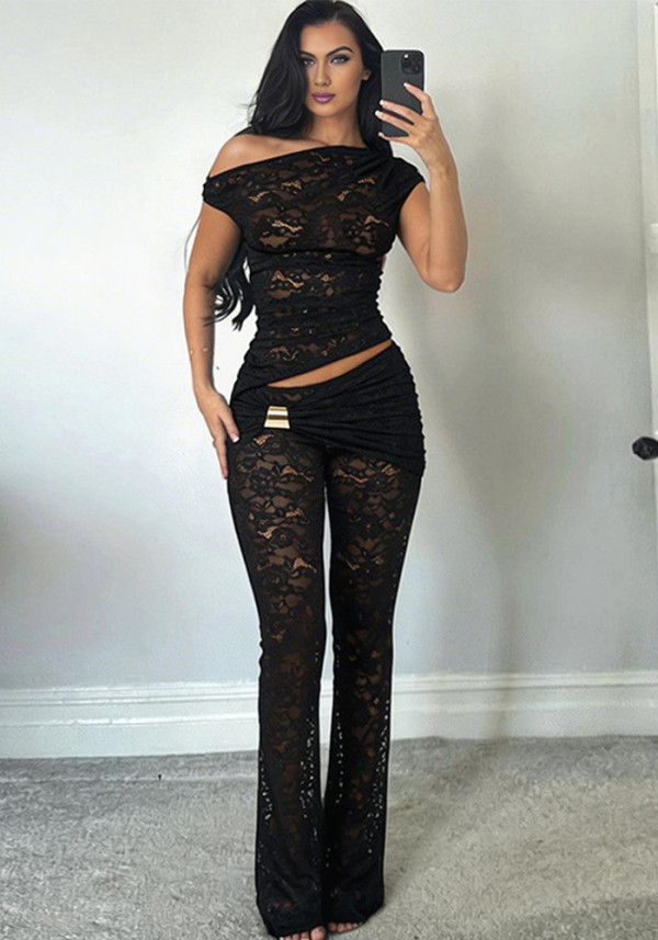 Women Summer Sexy Slash Shoulder Irregular Top & Bell Bottom Pant Two-Piece Set