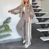 Women Spring Autumn Stand Collar Coat Top and Wide Leg Sweatpants Two Piece