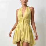Women Halter Neck V Neck Backless Knot Irregular Ruffle Dress