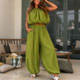 Women Casual Halter Neck Sleeveless Crop Top and Bloomers Two Piece