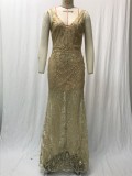 Women Spring Summer Sleeveless V Neck Shiny See-Through Maxi Dress