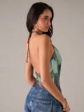 Women Sexy Halter Neck Cowl Neck Tie Mesh Top