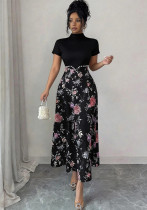 Women Spring Summer Elegant Floral Print High Neck Beaded Dress