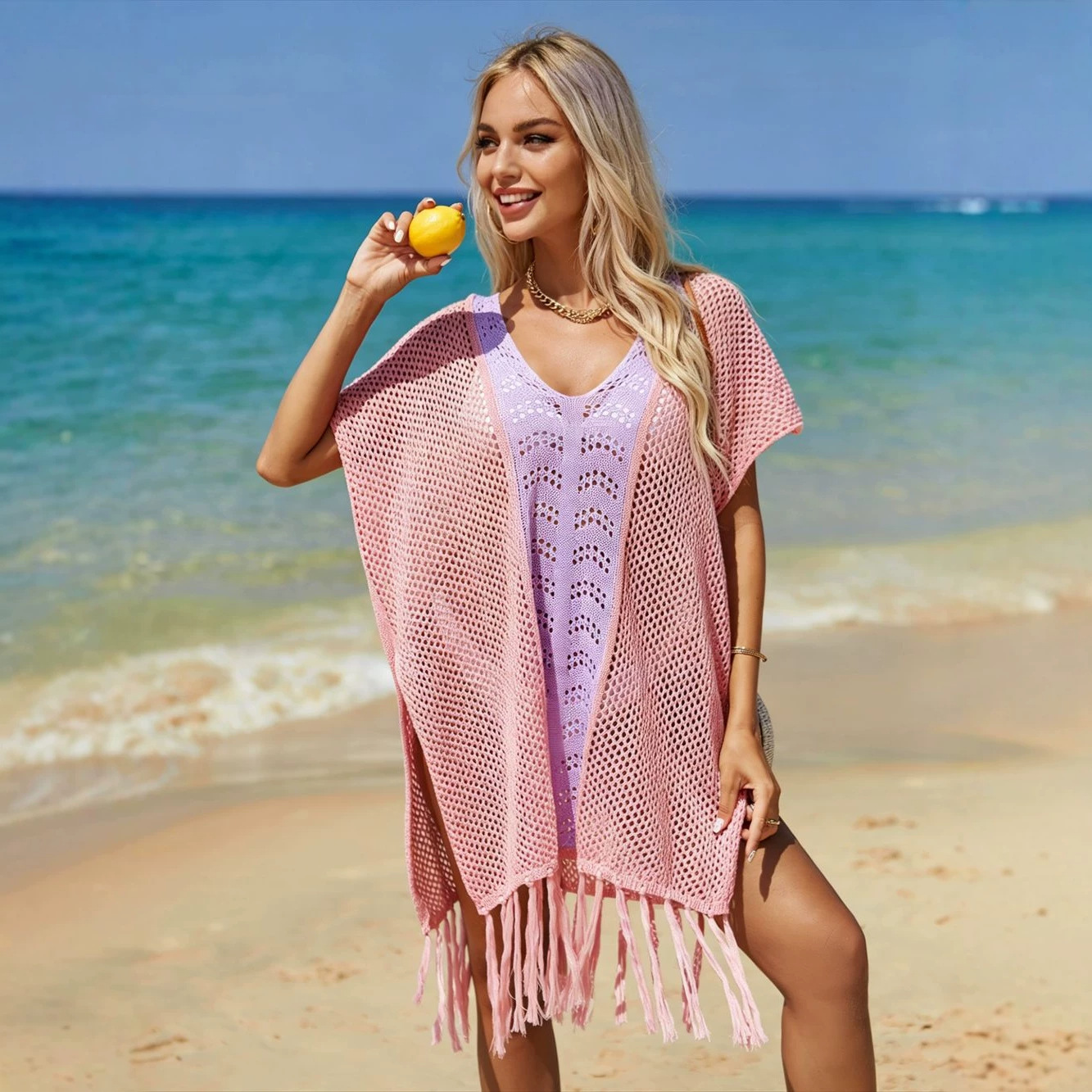 Striped Knitted Tassel Dress for Beach Holidays