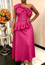 Women Slash Shoulder Beaded Waist Dress