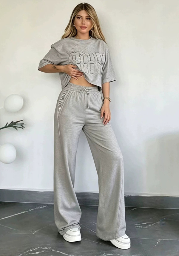 Women Casual Summer Short Sleeve T-Shirt and Pants Two Piece