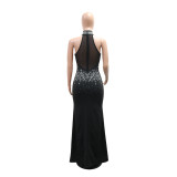 Women Half High Neck Beaded Sleeveless Slit See-Through Mesh Patchwork Dress