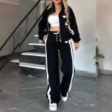 Women Spring Autumn Stand Collar Coat Top and Wide Leg Sweatpants Two Piece