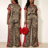 Women Casual Leopard Color Block Short Sleeve Top and Wide Leg Pants Two Piece