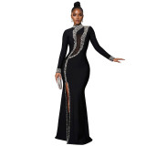 Women High Neck Long Sleeve Slit Beaded Maxi Dress