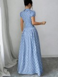 Women Polka Dot Short Sleeve French Summer Maxi Dress