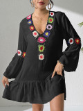 Women Ethnic Holidays Beach Ruffle Patchwork Crochet V Neck Dress