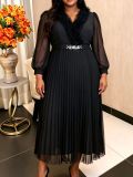 Plus Size Women African Black V Neck See-Through Chiffon Sleeve Waist Pleated Dress