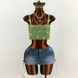 Women Metal Rhinestone Beach Rhinestone Chain Strap Strapless Cami Vest Top