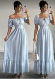 Women Summer Light Blue Square Neck Puff Sleeve Ruffle Holidays Beach Maxi Dress