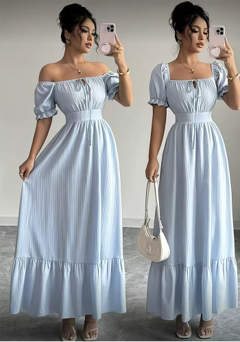 Women Summer Light Blue Square Neck Puff Sleeve Ruffle Holidays Beach Maxi Dress
