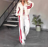Women Spring Autumn Stand Collar Coat Top and Wide Leg Sweatpants Two Piece