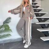 Women Spring Autumn Stand Collar Coat Top and Wide Leg Sweatpants Two Piece