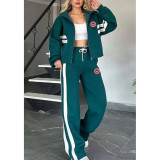 Women Spring Autumn Stand Collar Coat Top and Wide Leg Sweatpants Two Piece