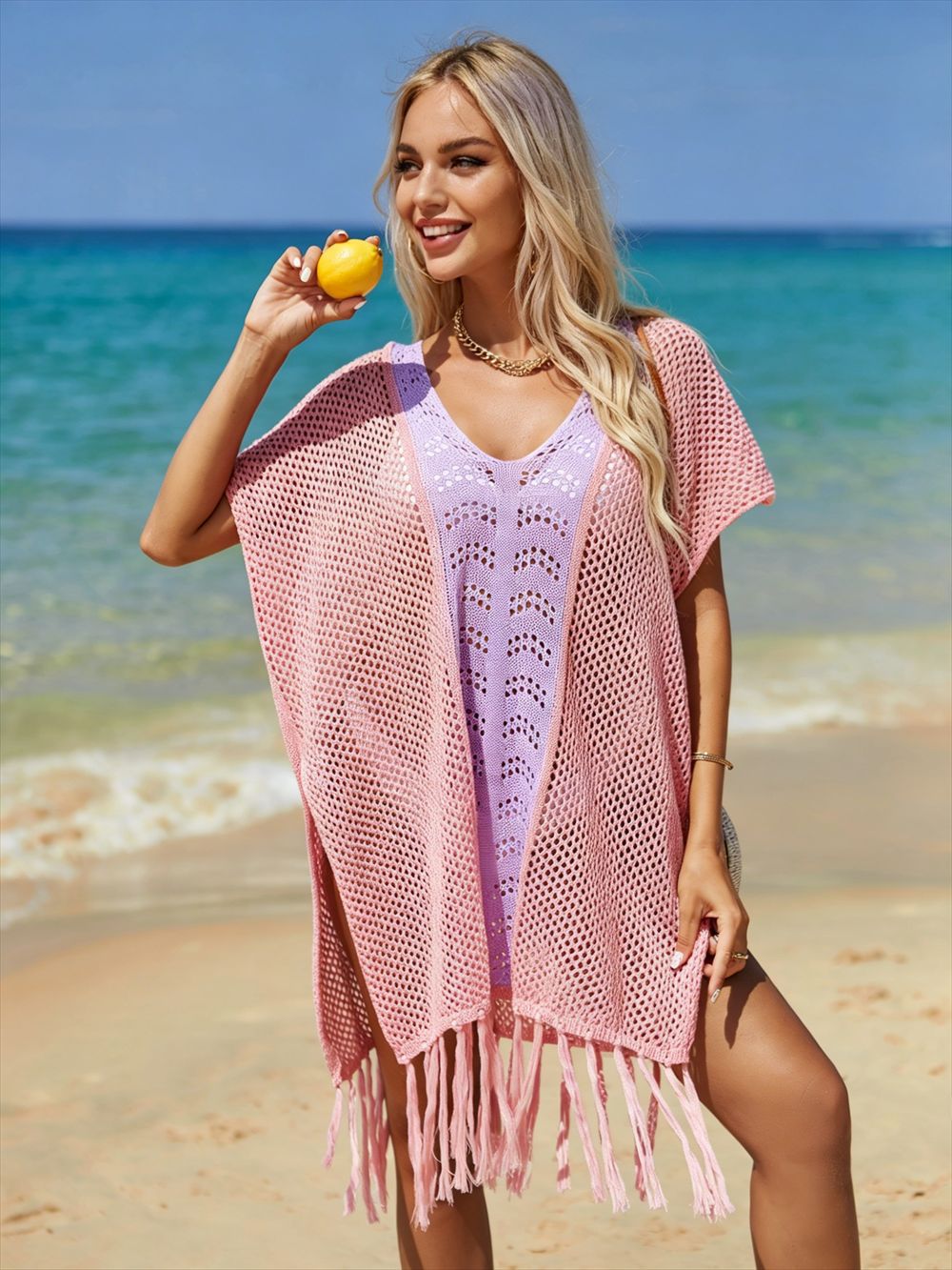 Striped Knitted Tassel Dress for Beach Holidays