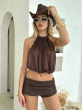 Women Sexy Crop Top Lace-Up Sleeveless Top and Shorts Two Piece