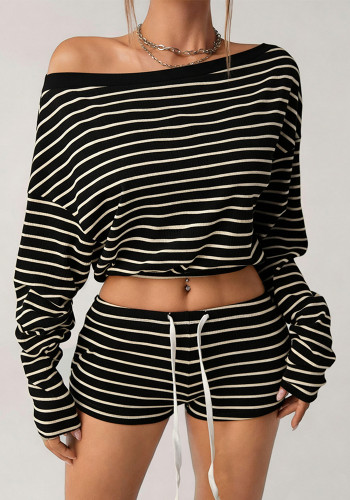 Women Spring Summer Stripe Off Shoulder Top and Shorts Two Piece