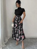 Women Spring Summer Elegant Floral Print High Neck Beaded Dress