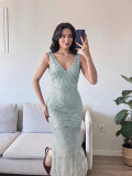 Women Spring Summer Sleeveless V Neck Shiny See-Through Maxi Dress