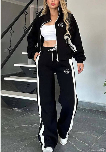 Women Spring Autumn Stand Collar Coat Top and Wide Leg Sweatpants Two Piece