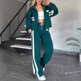Women Spring Autumn Stand Collar Coat Top and Wide Leg Sweatpants Two Piece