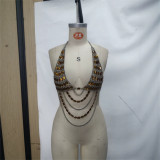 Women Summer Beach Bikini With Gold Gem Chest Chain Bra Top Swimsuit